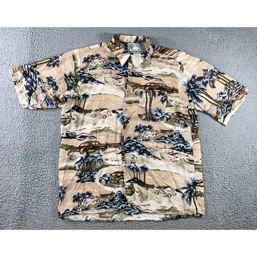 Vintage Hawaiian Shirt Men L Tan Woody Car Tropical Rayon S/S Scenic Classic 90s